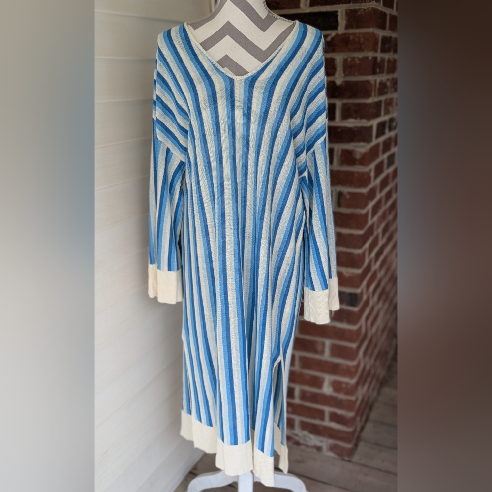 Zara Bue and White Striped Linen Midi Dress